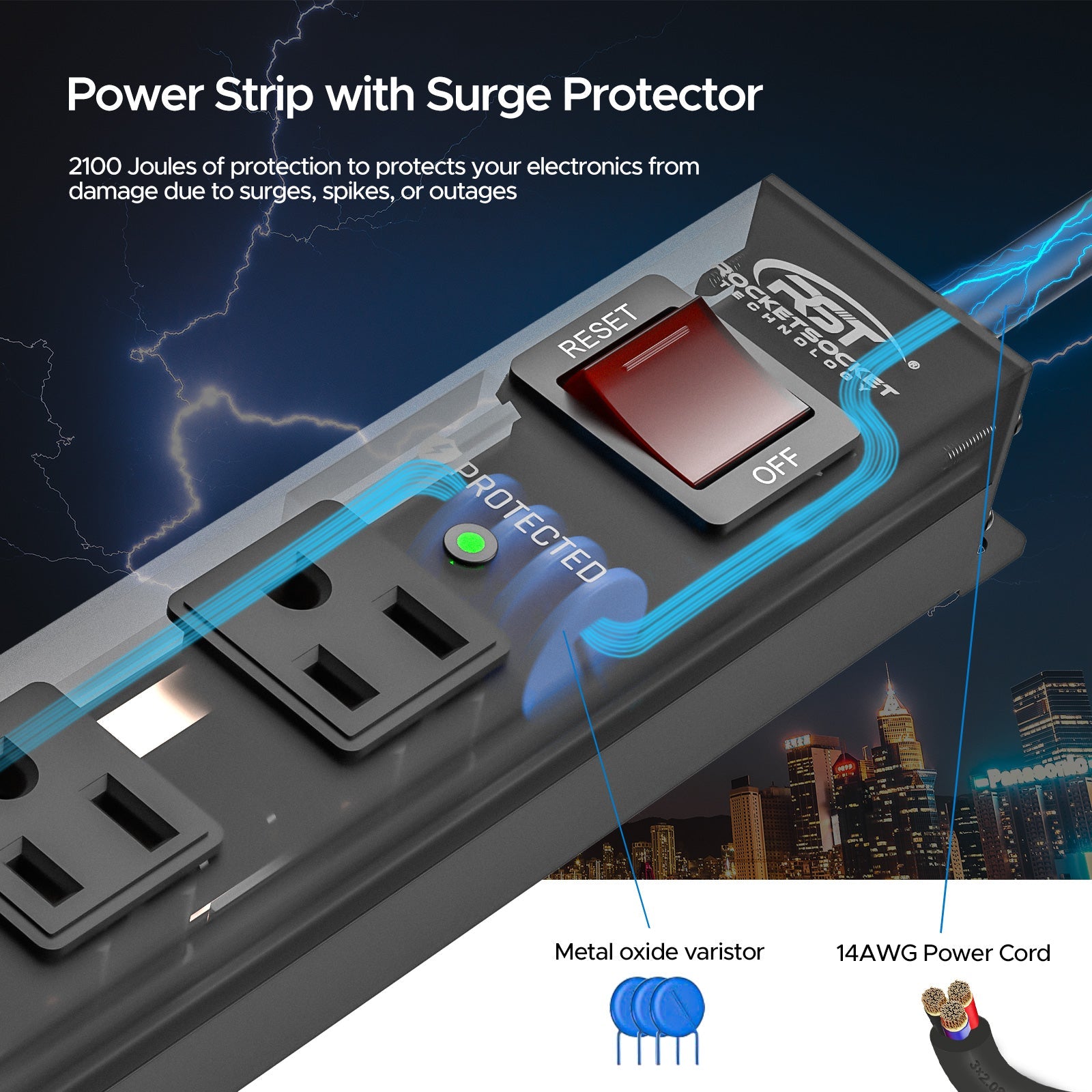 CRST 6 Outlets Wide Spaced Mountable Metal Power Strip Surge Protector, 6FT Flat Plug Power Cord, 2100 Joules Protection, Mount Kits Included